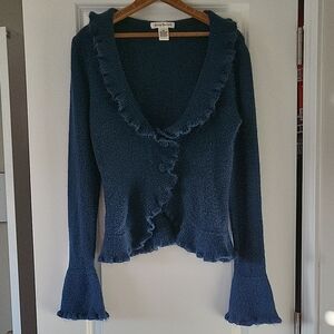 Cobalt Blue Cardigan with Ruffled Neckline